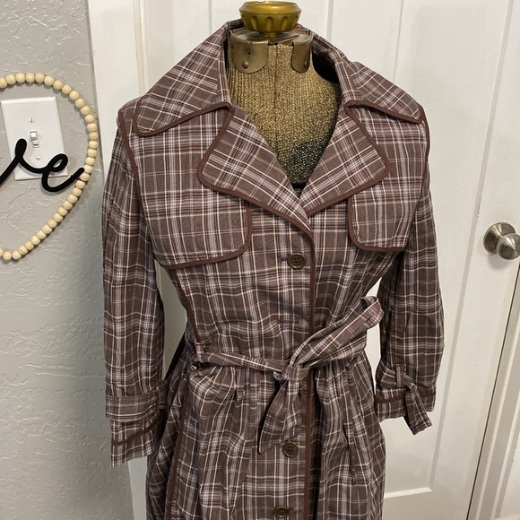 BCBG MAX AZRIA AUDREY PLAID TRENCH BROWN BLUE COAT SMALL - Picture 1 of 16